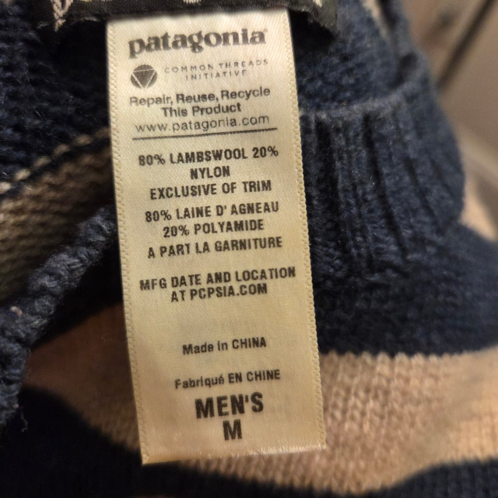 Patagonia Mens Lambswool‎ Blend Striped Crew Neck Sweater Navy Tan Med Gorpcore - Picture 7 of 8